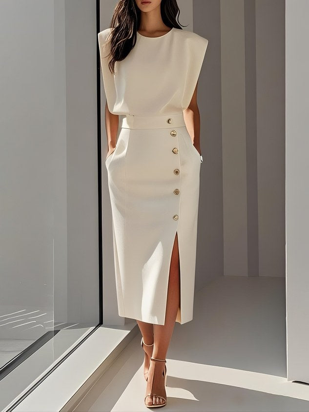Isabelle | Women's Sleeveless Midi Dress with Button Front, A-Line Midi Dress | Everlasting Boutique | Beige