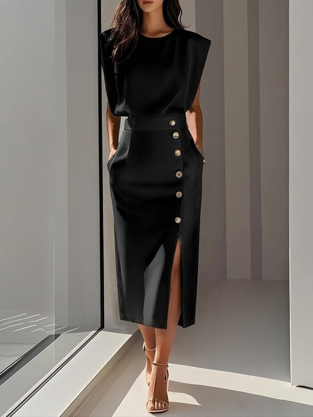 Isabelle | Women's Sleeveless Midi Dress with Button Front, A-Line Midi Dress | Everlasting Boutique | Black