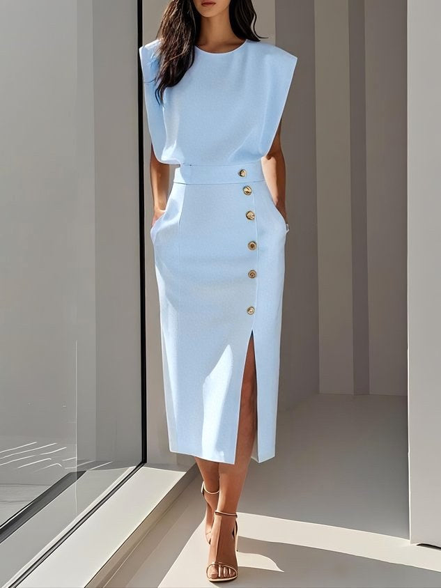 Isabelle | Women's Sleeveless Midi Dress with Button Front, A-Line Midi Dress | Everlasting Boutique | Light Blue