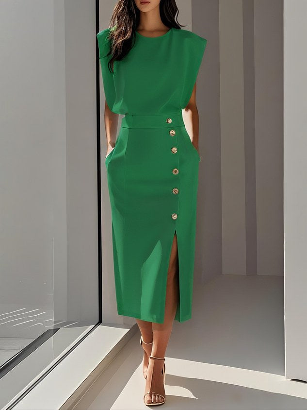 Isabelle | Women's Sleeveless Midi Dress with Button Front, A-Line Midi Dress | Everlasting Boutique | Green