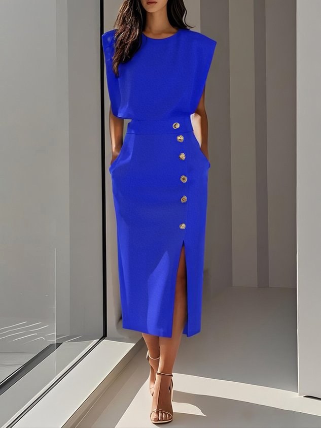Isabelle | Women's Sleeveless Midi Dress with Button Front, A-Line Midi Dress | Everlasting Boutique | Royal Blue