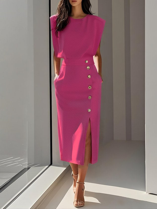 Isabelle | Women's Sleeveless Midi Dress with Button Front, A-Line Midi Dress | Everlasting Boutique | Light Pink