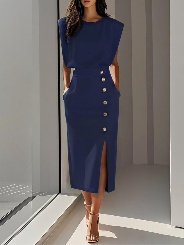 Isabelle | Women's Sleeveless Midi Dress with Button Front, A-Line Midi Dress | Everlasting Boutique | Blue