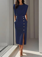 Isabelle | Women's Sleeveless Midi Dress with Button Front, A-Line Midi Dress | Everlasting Boutique | Blue