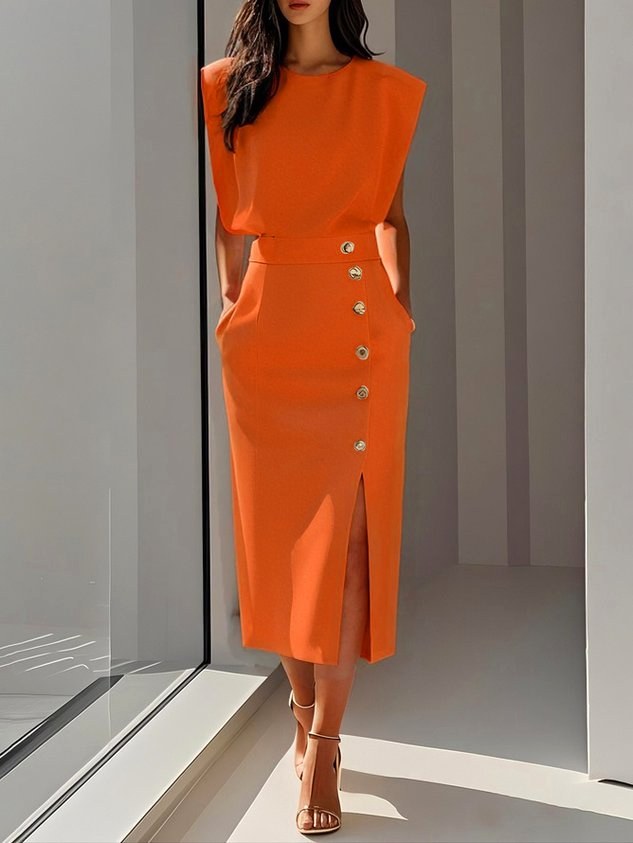 Isabelle | Women's Sleeveless Midi Dress with Button Front, A-Line Midi Dress | Everlasting Boutique | Orange