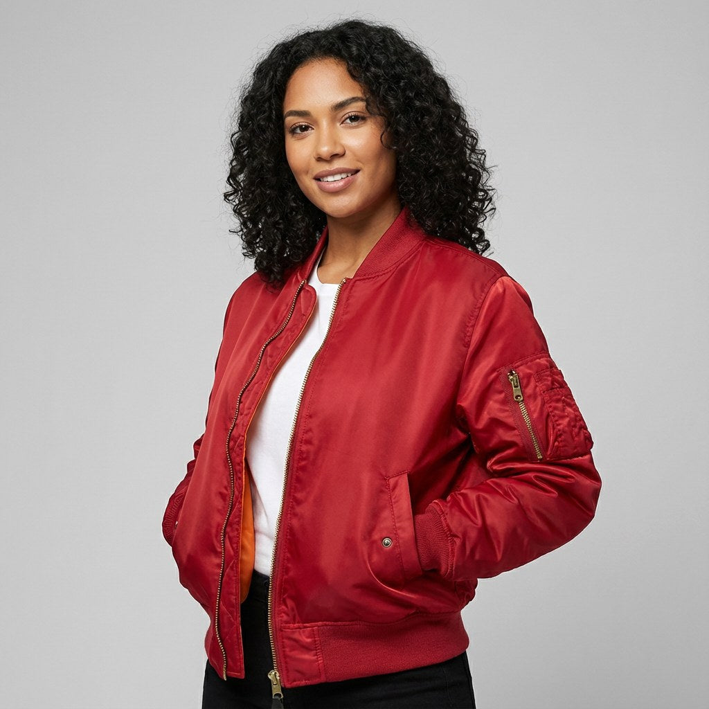 Isla | Women's Utility Bomber Jacket, Satin-Finish Autumn Jacket | Everlasting Boutique | Rood