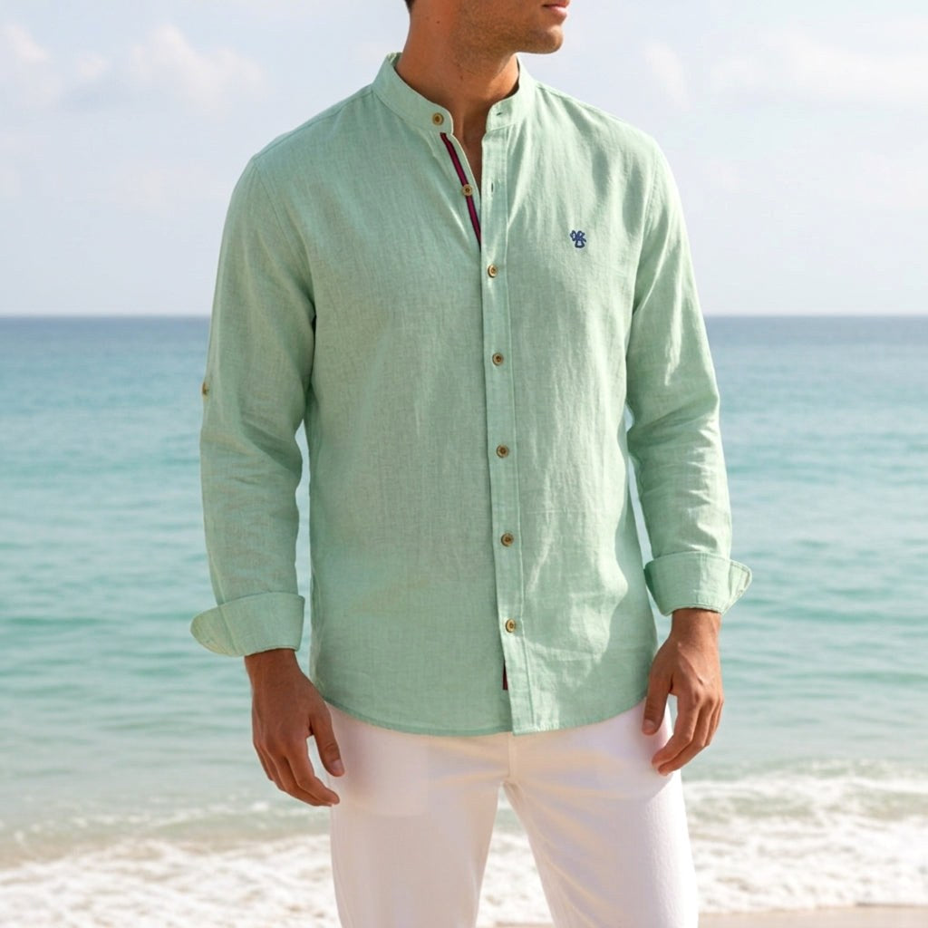 Jake | Men's Mandarin-Collar Cotton Shirt, Long Sleeve Tailored Shirt | Everlasting Boutique