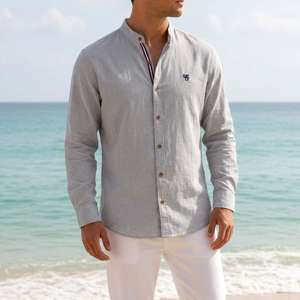 Jake | Men's Mandarin-Collar Cotton Shirt, Long Sleeve Tailored Shirt | Everlasting Boutique