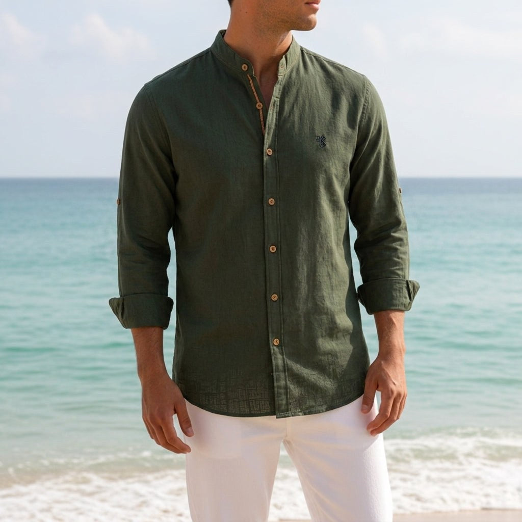 Jake | Men's Mandarin-Collar Cotton Shirt, Long Sleeve Tailored Shirt | Everlasting Boutique