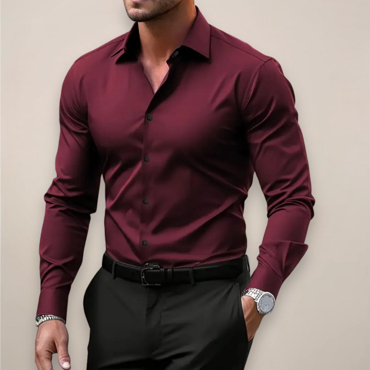 James | Men's Long Sleeve Smart Shirt, Tailored Formal Shirt | Everlasting Boutique | Red Wine