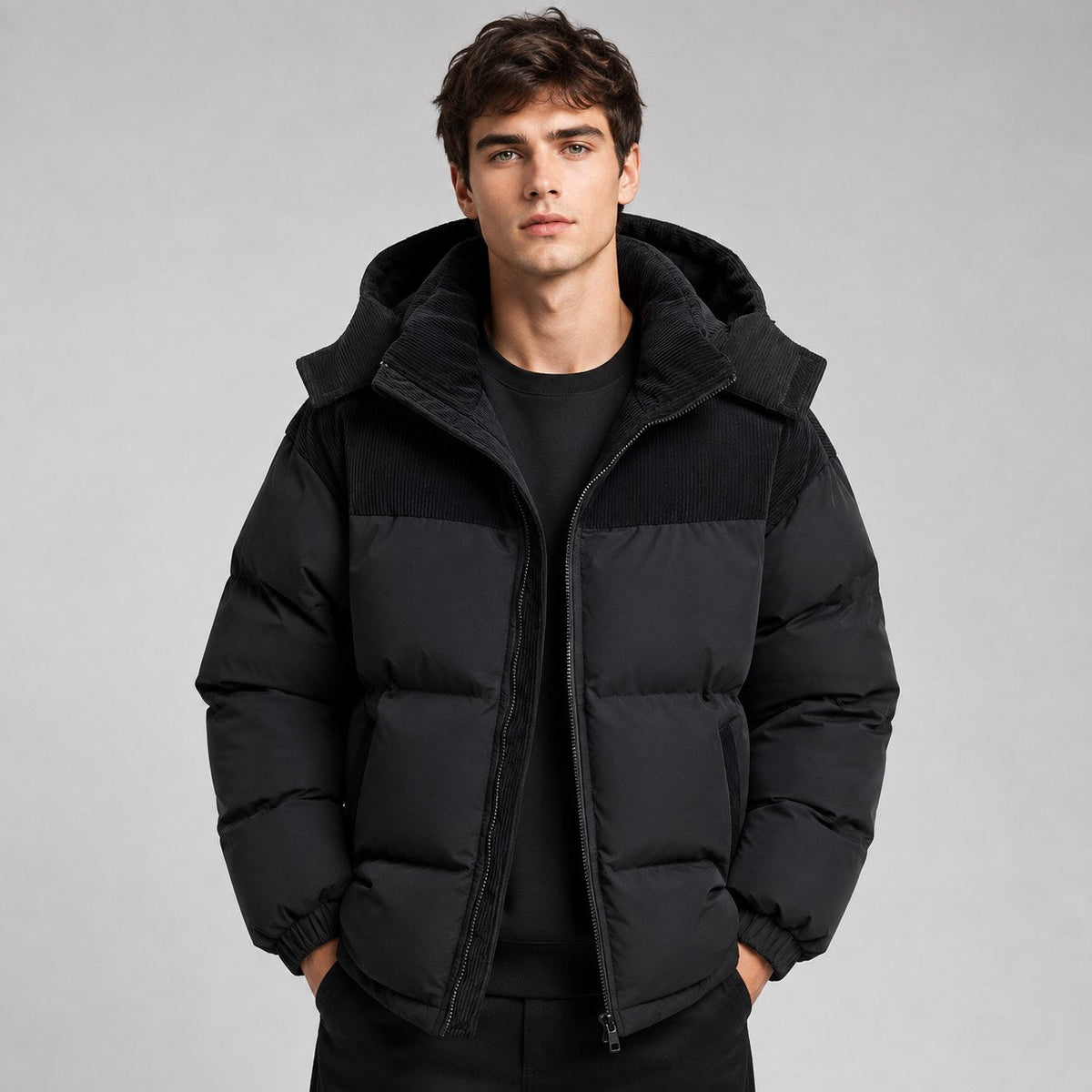 Jared | Men's Oversized Padded Puffer Jacket, Hooded Winter Coat | Everlasting Boutique | Black