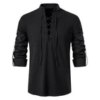Johannes | Men's Linen Shirt with Neck Tie, Boho Shirt with Long Sleeves | Everlasting Boutique | Black
