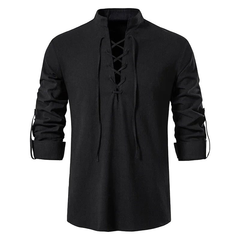 Johannes | Men's Linen Shirt with Neck Tie, Boho Shirt with Long Sleeves | Everlasting Boutique | Black
