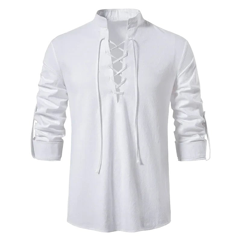 Johannes | Men's Linen Shirt with Neck Tie, Boho Shirt with Long Sleeves | Everlasting Boutique | Black