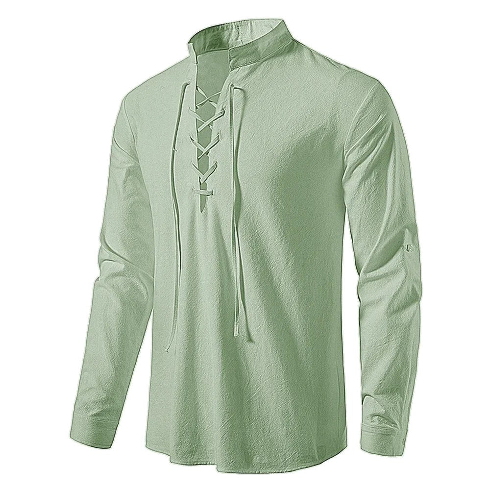 Johannes | Men's Linen Shirt with Neck Tie, Boho Shirt with Long Sleeves | Everlasting Boutique | Black