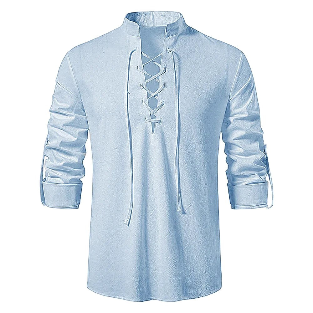 Johannes | Men's Linen Shirt with Neck Tie, Boho Shirt with Long Sleeves | Everlasting Boutique | Black
