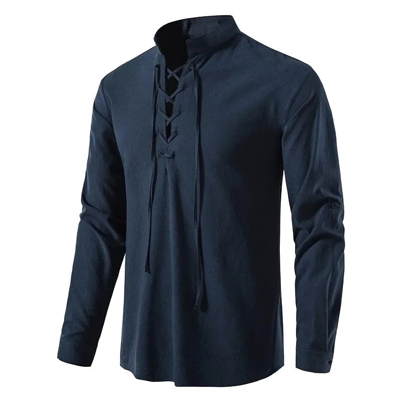 Johannes | Men's Linen Shirt with Neck Tie, Boho Shirt with Long Sleeves | Everlasting Boutique | Black