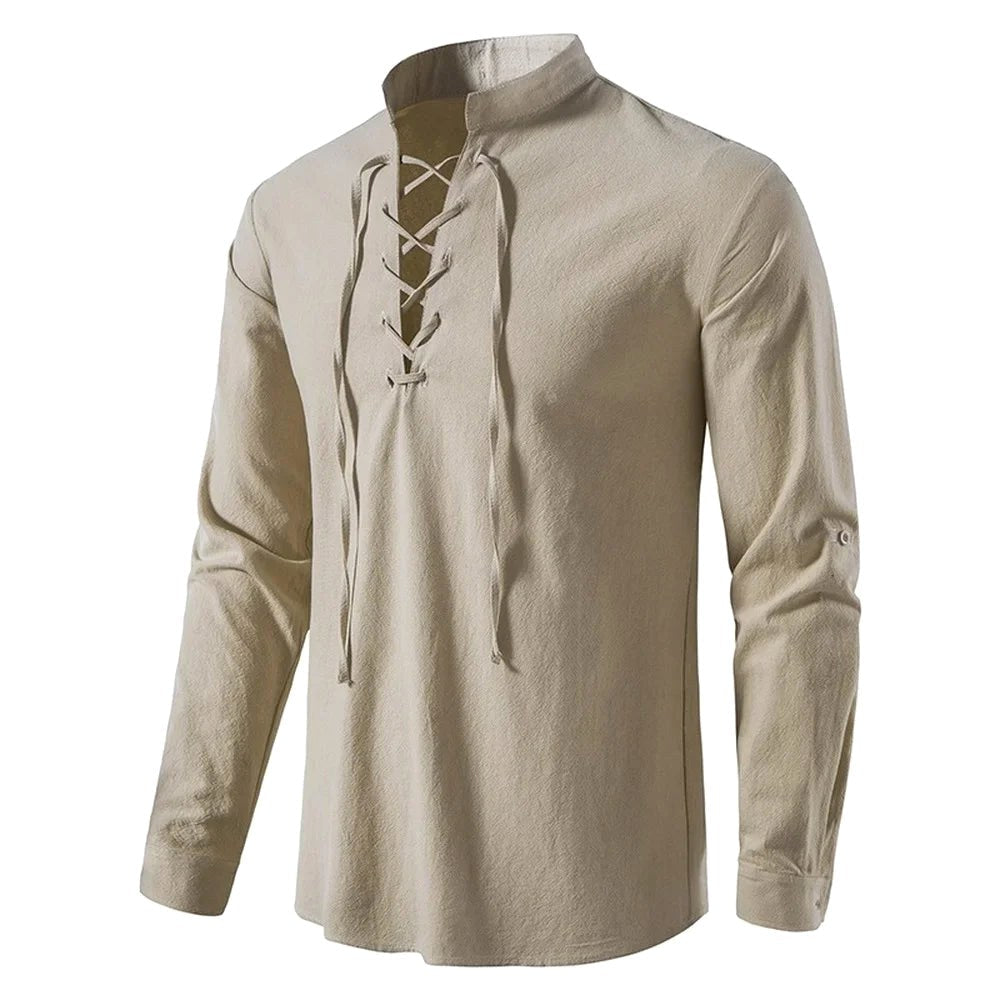 Johannes | Men's Linen Shirt with Neck Tie, Boho Shirt with Long Sleeves | Everlasting Boutique | White