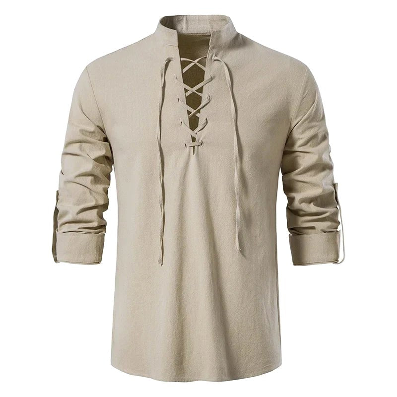 Johannes | Men's Linen Shirt with Neck Tie, Boho Shirt with Long Sleeves | Everlasting Boutique | White