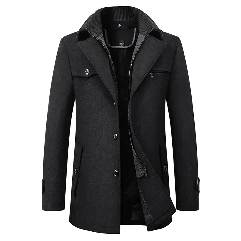 Jonathan | Men's Mid-Length Pea Coat, Notched Lapel Autumn Coat | Everlasting Boutique | Black