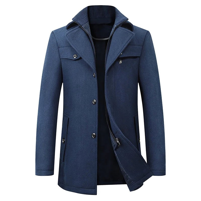 Jonathan | Men's Mid-Length Pea Coat, Notched Lapel Autumn Coat | Everlasting Boutique | Navy