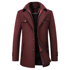 Jonathan | Men's Mid-Length Pea Coat, Notched Lapel Autumn Coat | Everlasting Boutique | Maroon