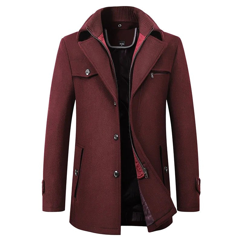 Jonathan | Men's Mid-Length Pea Coat, Notched Lapel Autumn Coat | Everlasting Boutique | Maroon