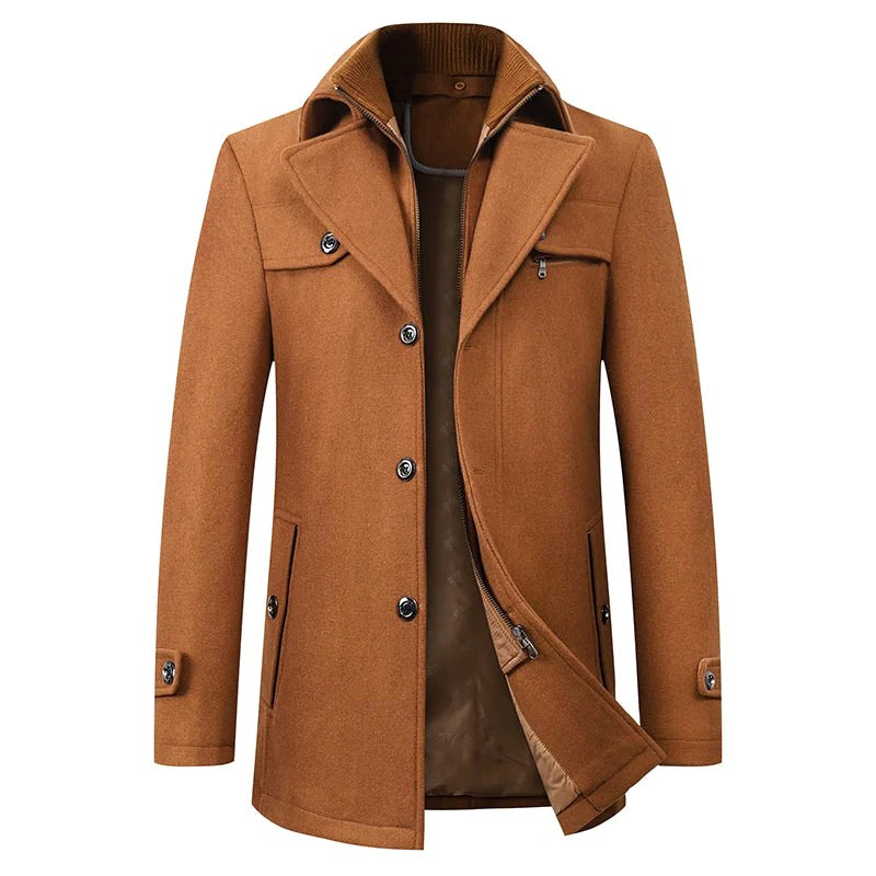 Jonathan | Men's Mid-Length Pea Coat, Notched Lapel Autumn Coat | Everlasting Boutique | Brown