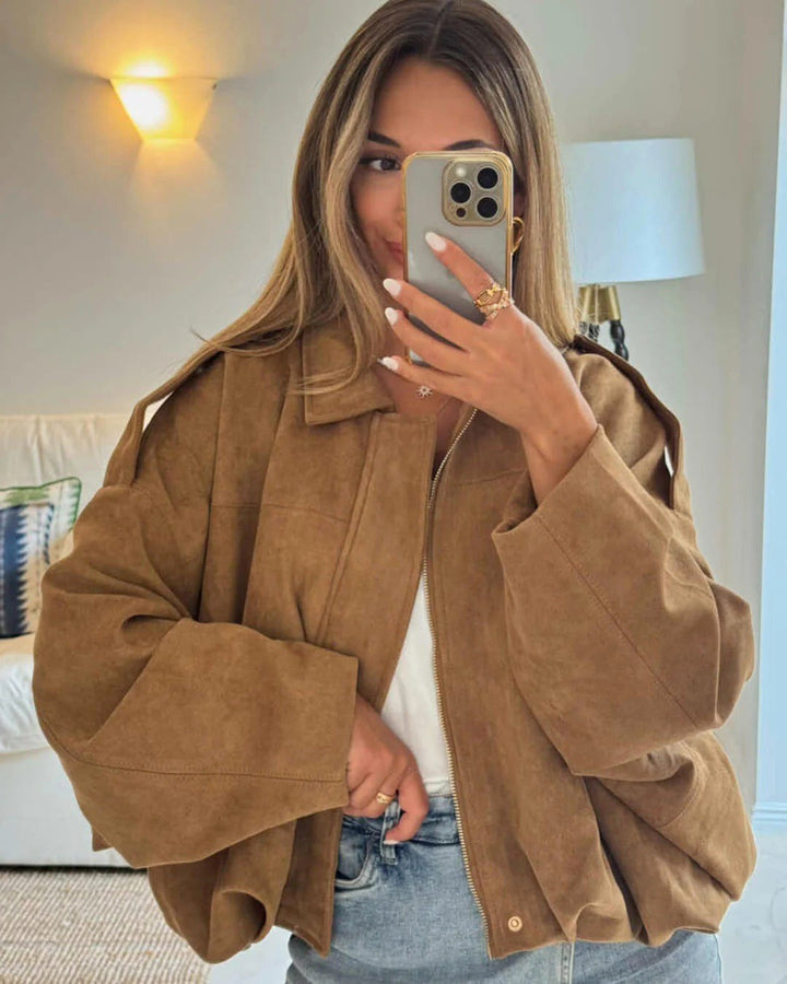 Josette | Women's Faux Suede Collared Bomber Jacket, Perfect for Everyday Wear | Everlasting Boutique