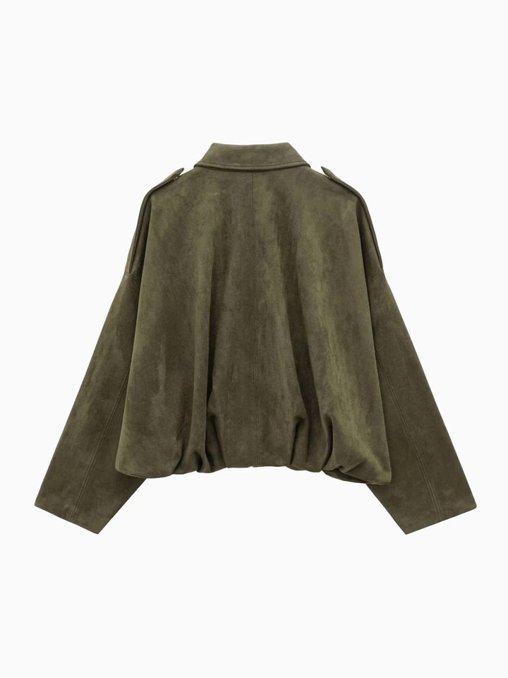 Josette | Women's Faux Suede Collared Bomber Jacket, Perfect for Everyday Wear | Everlasting Boutique | Brown