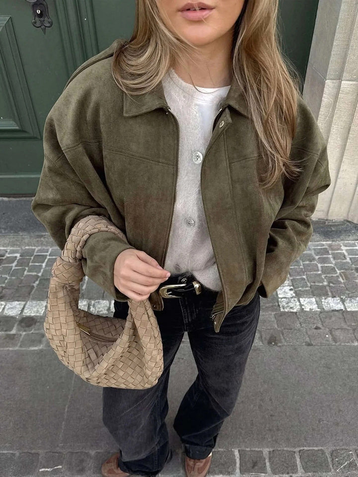 Josette | Women's Faux Suede Collared Bomber Jacket, Perfect for Everyday Wear | Everlasting Boutique | Khaki
