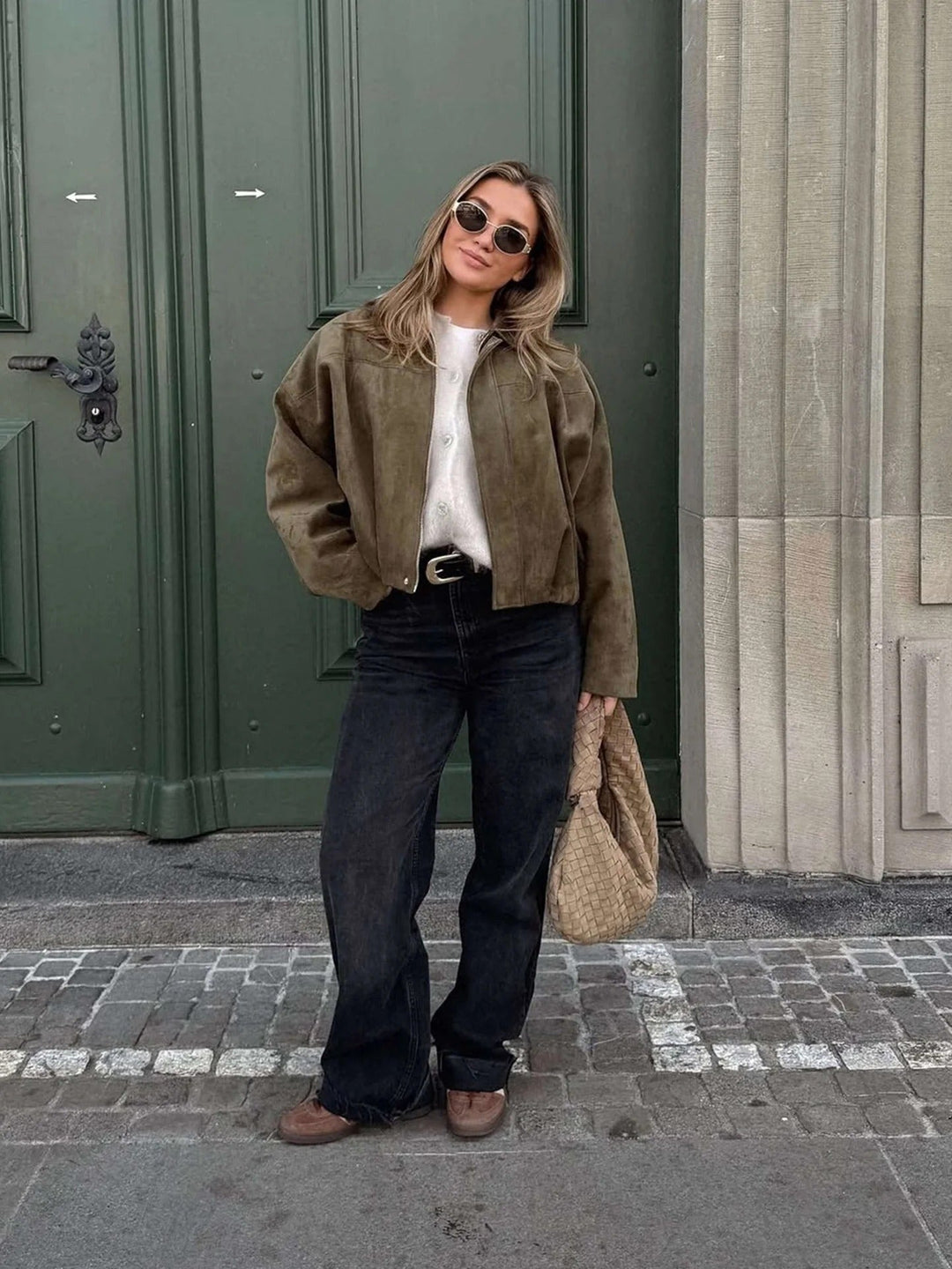 Josette | Women's Faux Suede Collared Bomber Jacket, Perfect for Everyday Wear | Everlasting Boutique | White