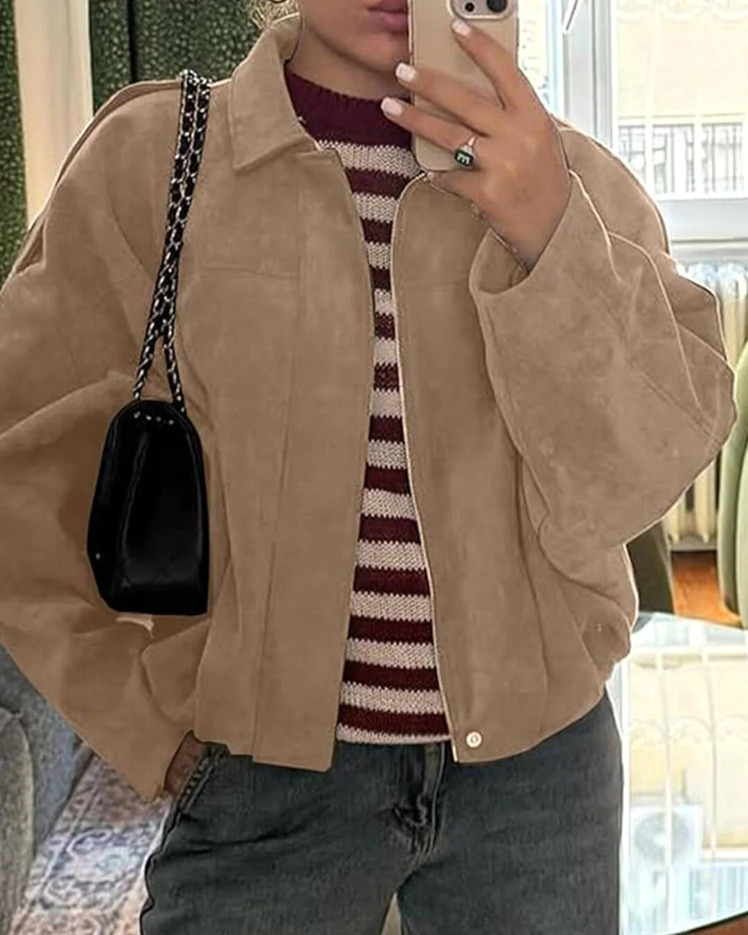 Josette | Women's Faux Suede Collared Bomber Jacket, Perfect for Everyday Wear | Everlasting Boutique