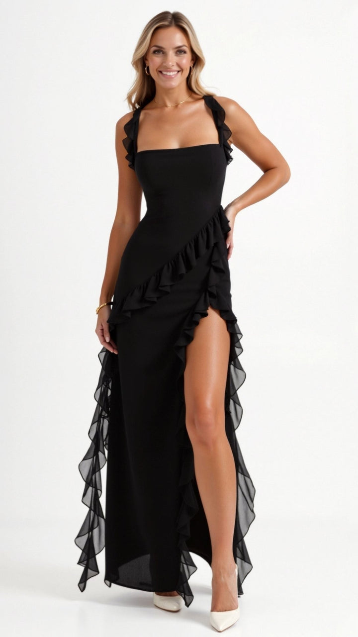 Julia | Women's Ruffled Maxi Dress, Front Slit Evening Dress | Everlasting Boutique