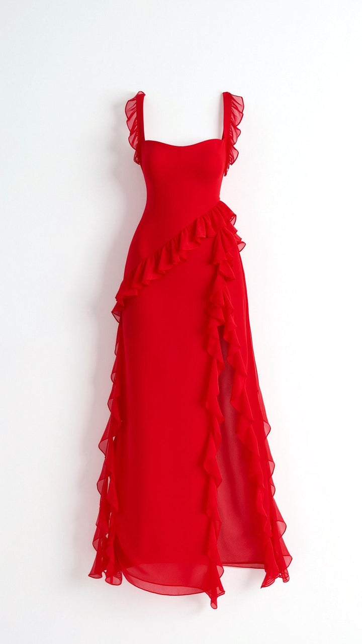 Julia | Women's Ruffled Maxi Dress, Front Slit Evening Dress | Everlasting Boutique