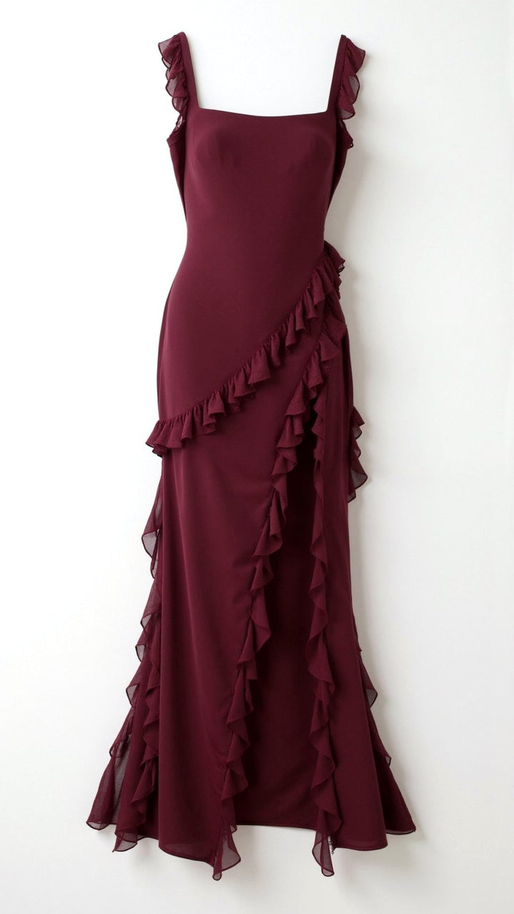 Julia | Women's Ruffled Maxi Dress, Front Slit Evening Dress | Everlasting Boutique
