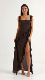 Julia | Women's Ruffled Maxi Dress, Front Slit Evening Dress | Everlasting Boutique