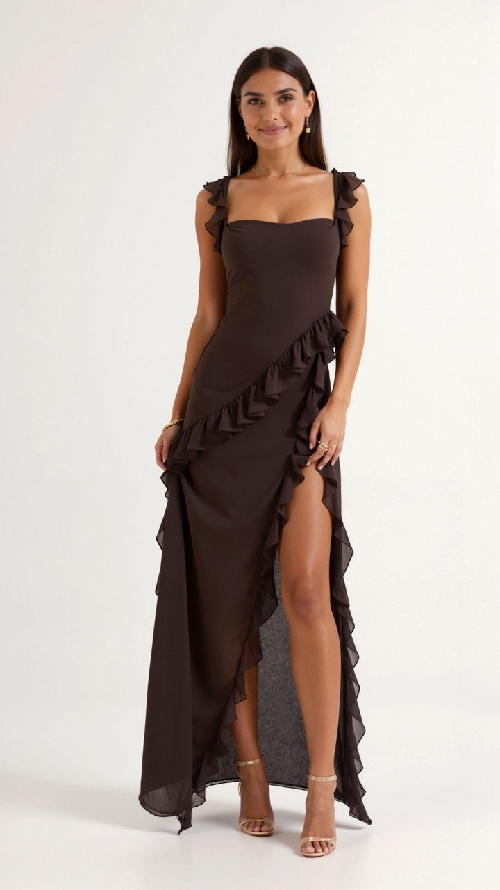 Julia | Women's Ruffled Maxi Dress, Front Slit Evening Dress | Everlasting Boutique