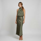 Karen | Draped Midi Dress with Wrap-Style Bodice and High Neckline, Sleeveless Evening Dress | Everlasting Boutique
