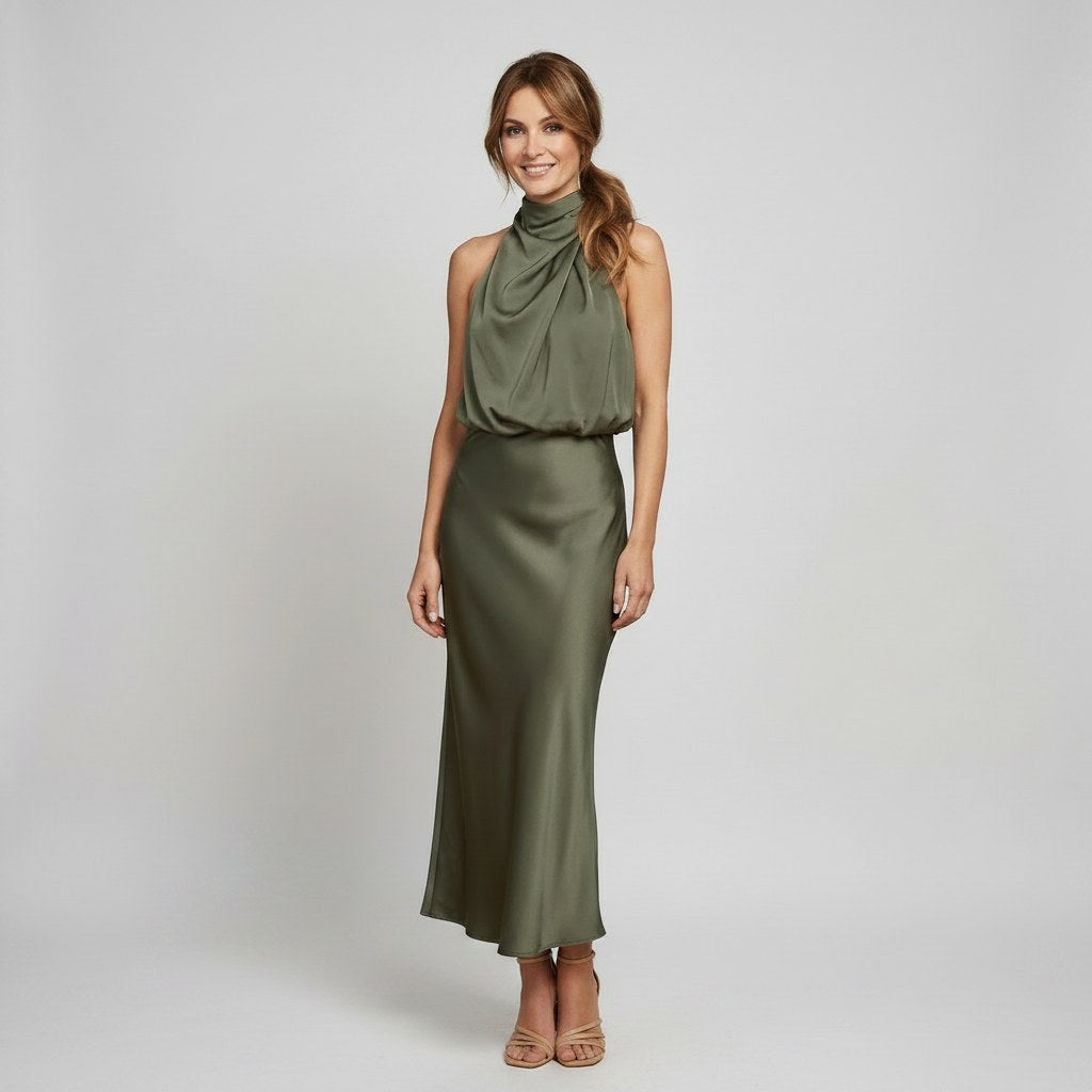 Karen | Draped Midi Dress with Wrap-Style Bodice and High Neckline, Sleeveless Evening Dress | Everlasting Boutique