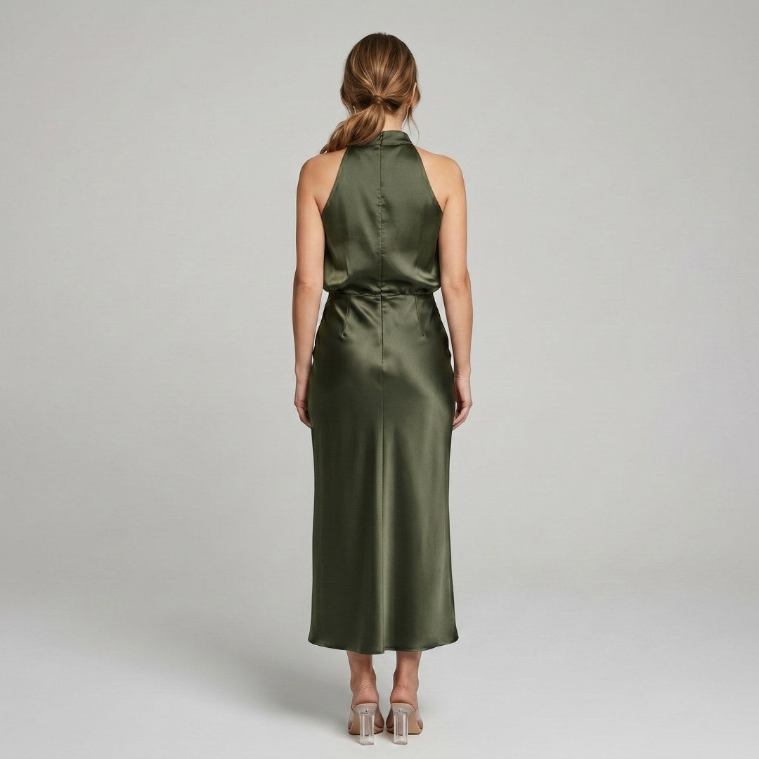 Karen | Draped Midi Dress with Wrap-Style Bodice and High Neckline, Sleeveless Evening Dress | Everlasting Boutique