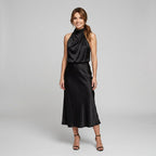 Karen | Draped Midi Dress with Wrap-Style Bodice and High Neckline, Sleeveless Evening Dress | Everlasting Boutique