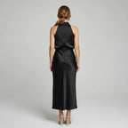 Karen | Draped Midi Dress with Wrap-Style Bodice and High Neckline, Sleeveless Evening Dress | Everlasting Boutique