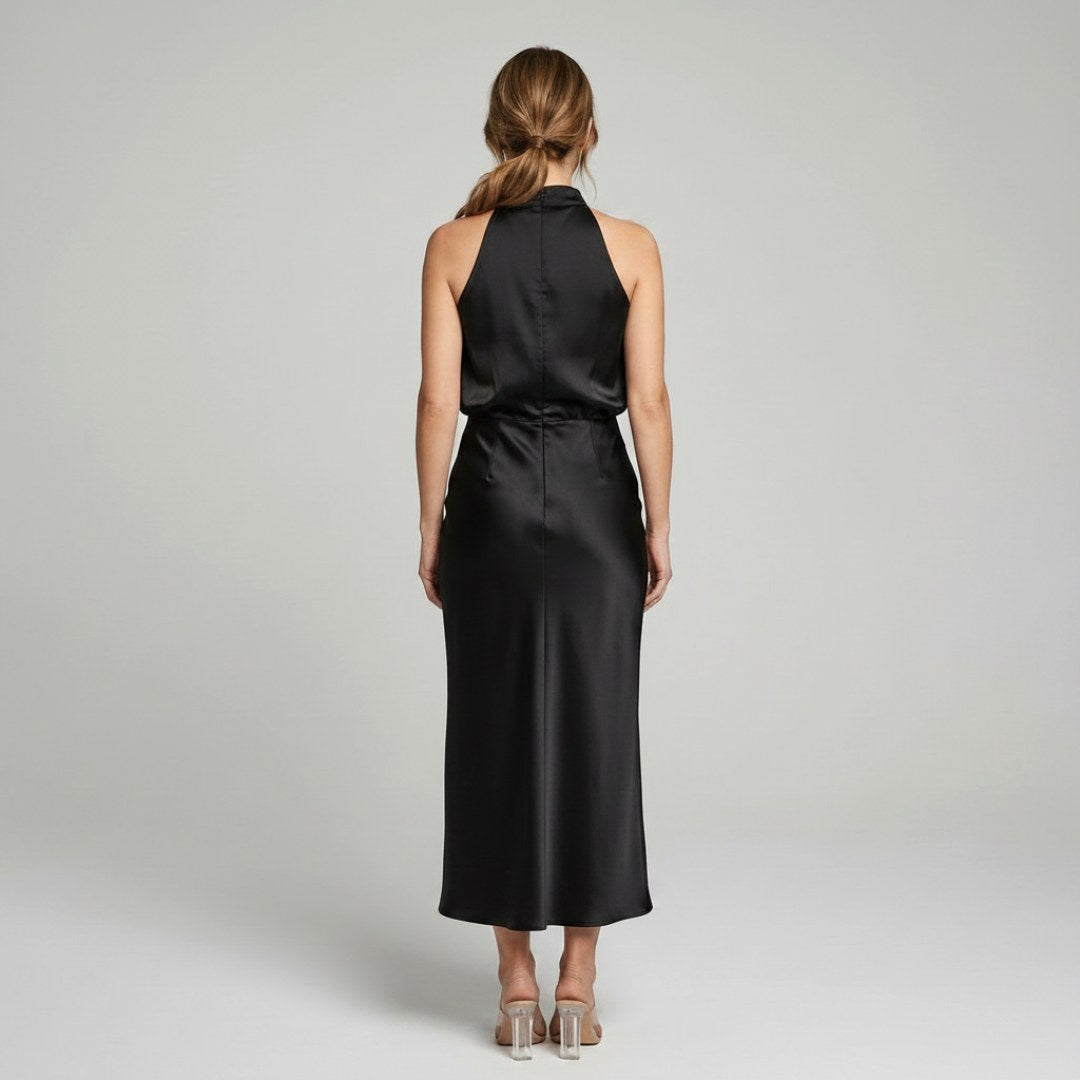 Karen | Draped Midi Dress with Wrap-Style Bodice and High Neckline, Sleeveless Evening Dress | Everlasting Boutique