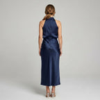 Karen | Draped Midi Dress with Wrap-Style Bodice and High Neckline, Sleeveless Evening Dress | Everlasting Boutique