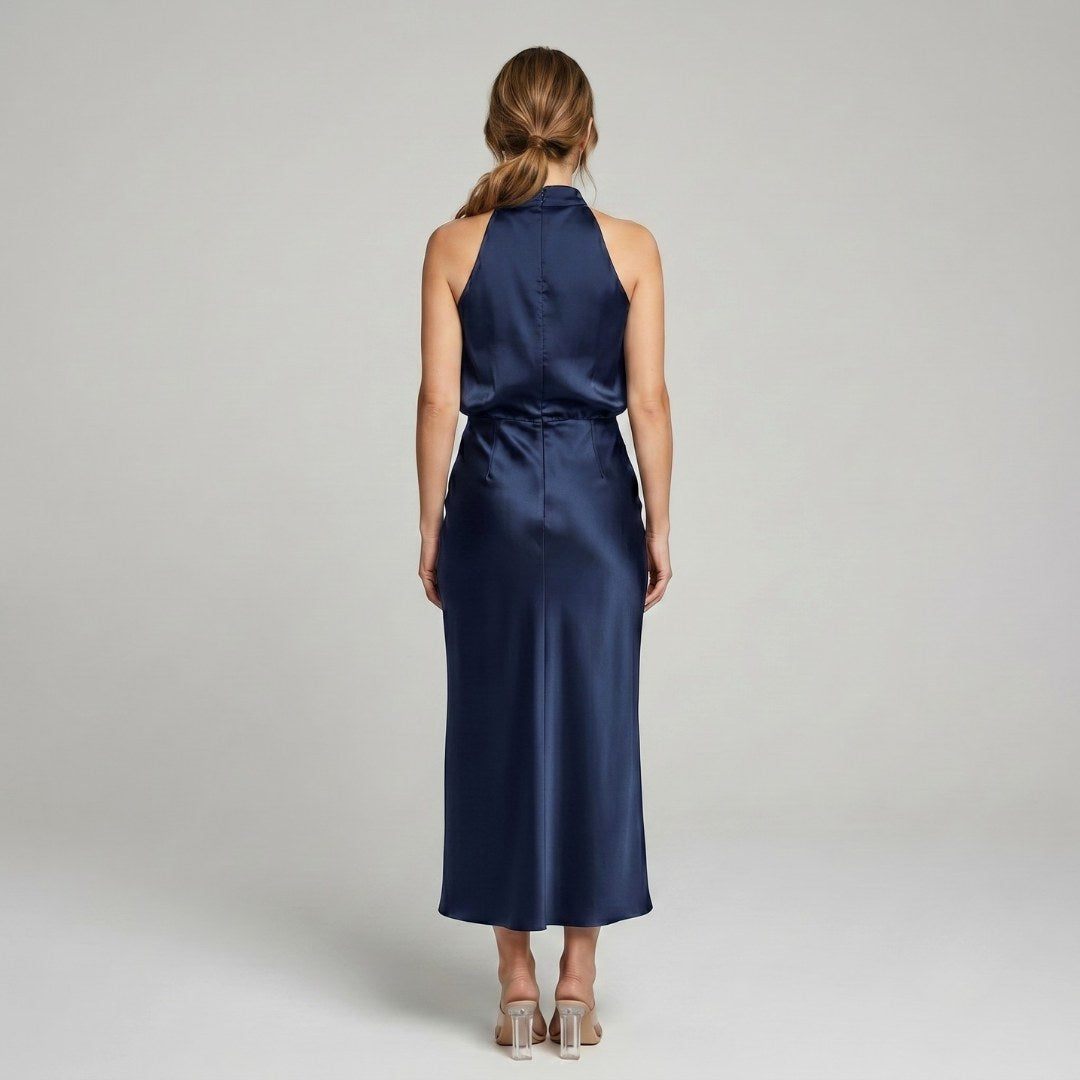 Karen | Draped Midi Dress with Wrap-Style Bodice and High Neckline, Sleeveless Evening Dress | Everlasting Boutique