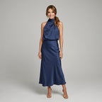 Karen | Draped Midi Dress with Wrap-Style Bodice and High Neckline, Sleeveless Evening Dress | Everlasting Boutique