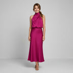 Karen | Draped Midi Dress with Wrap-Style Bodice and High Neckline, Sleeveless Evening Dress | Everlasting Boutique