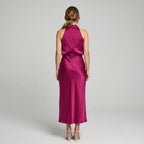 Karen | Draped Midi Dress with Wrap-Style Bodice and High Neckline, Sleeveless Evening Dress | Everlasting Boutique