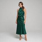 Karen | Draped Midi Dress with Wrap-Style Bodice and High Neckline, Sleeveless Evening Dress | Everlasting Boutique